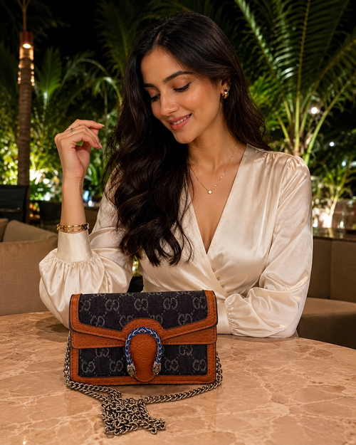 Gucci Sling Monogram Canvas Chain Crossbody Bag with Horsebit Lock